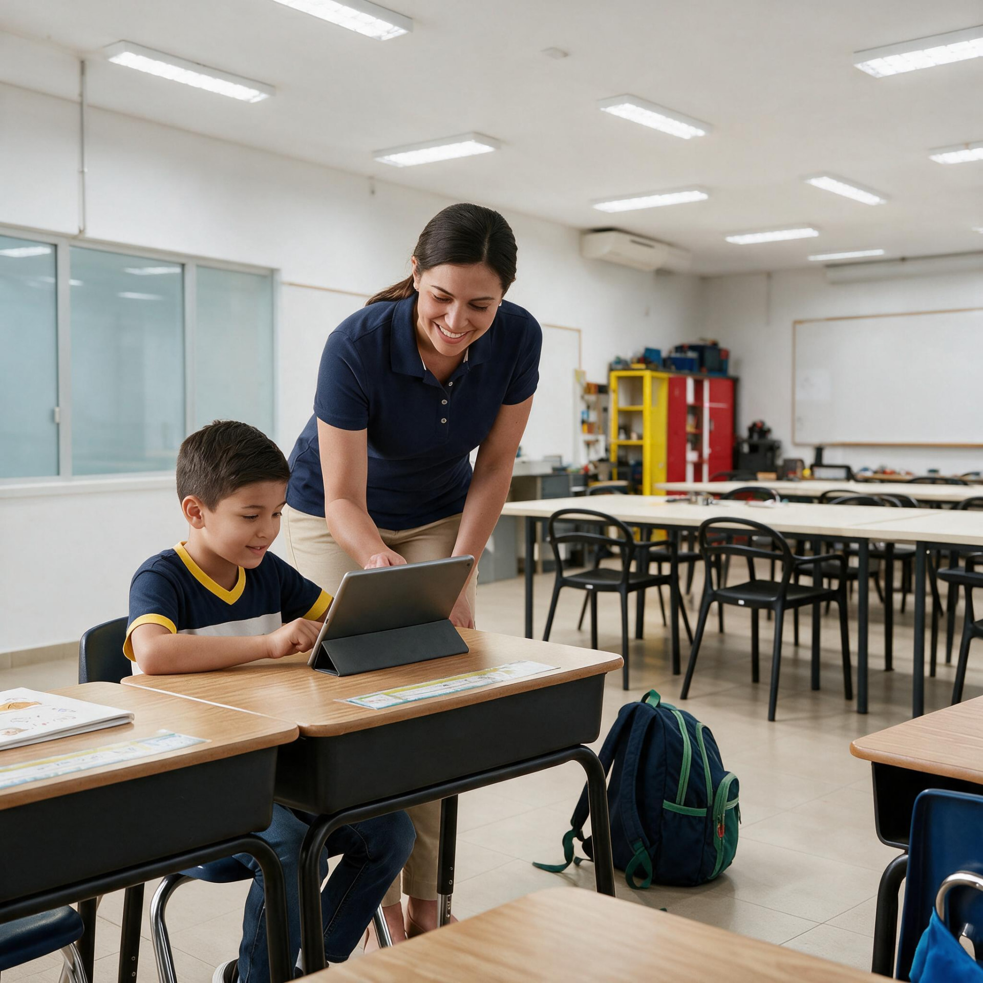Professor auxiliando aluno com tablet em sala de aula do Centro Educacional Logos