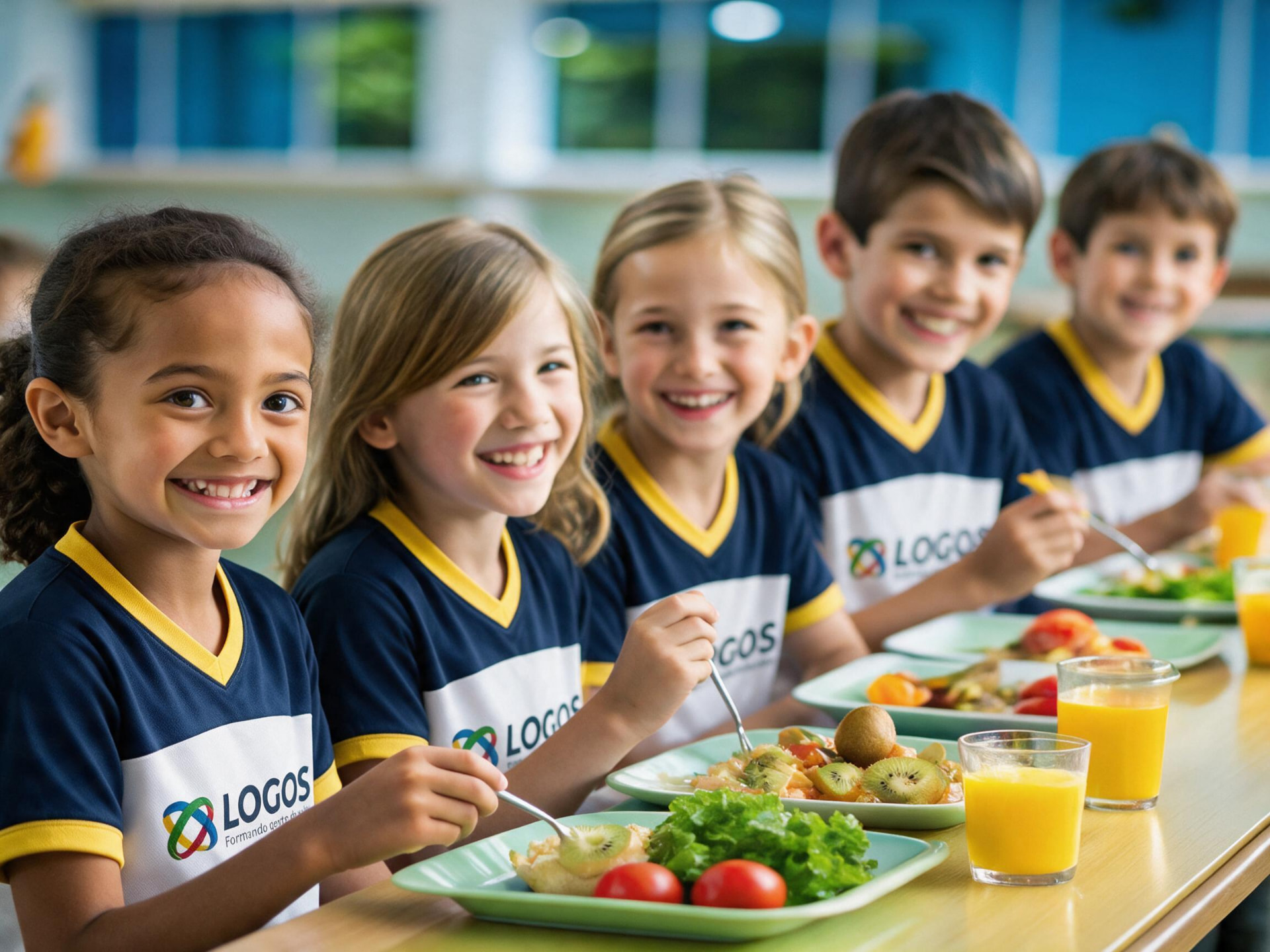 Crianças do Centro Educacional Logos no refeitório durante a alimentação saudável